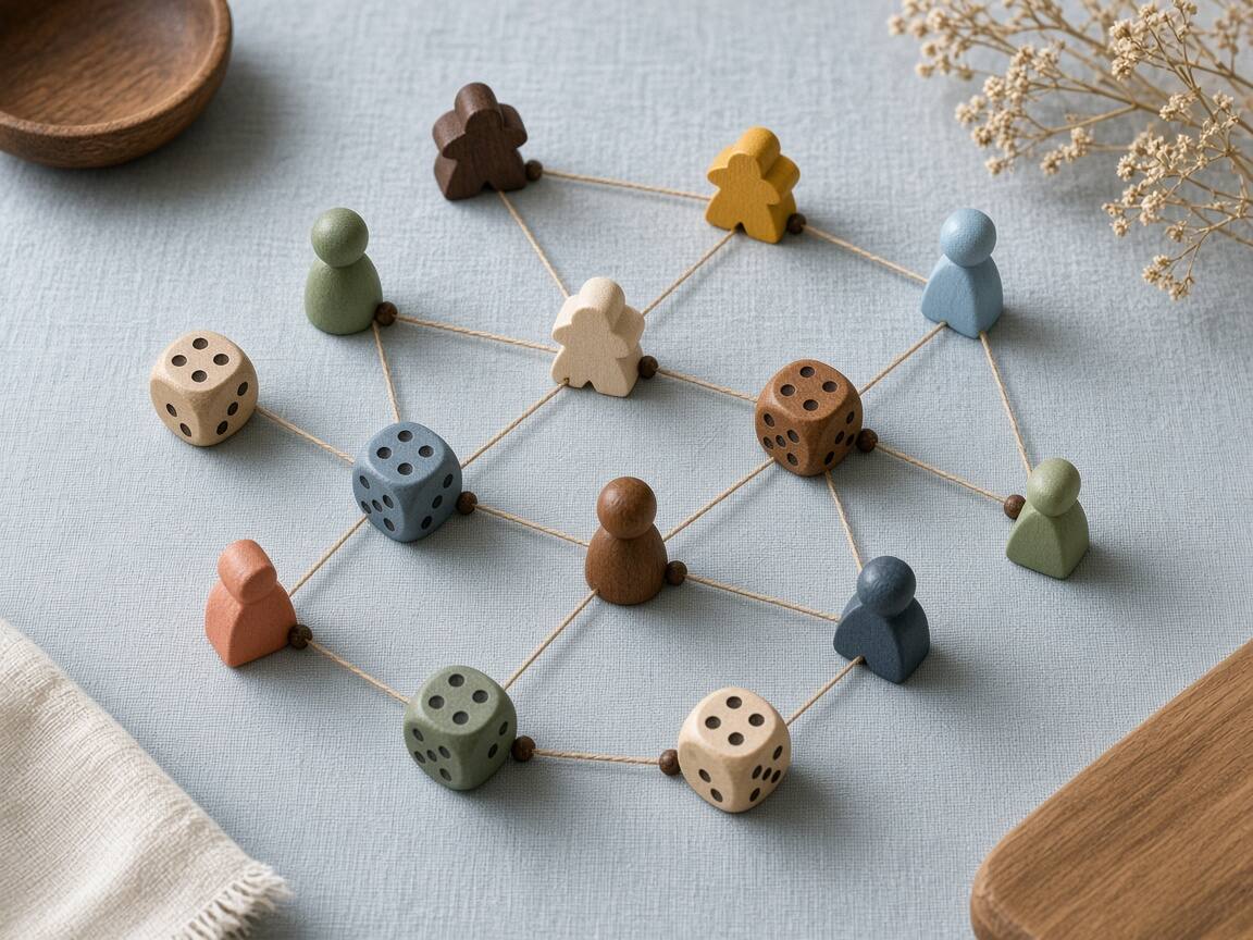 Jetons et dés disposés comme une constellation