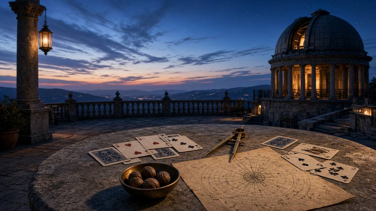 Observatoire au crépuscule avec cartes et instruments de mesure